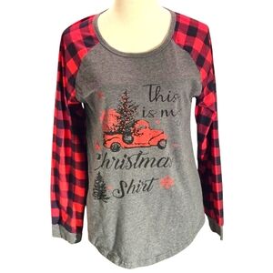 Buffalo Plaid Red & Black Sleeves Gray Shell Holiday Long Sleeve Tee Women M